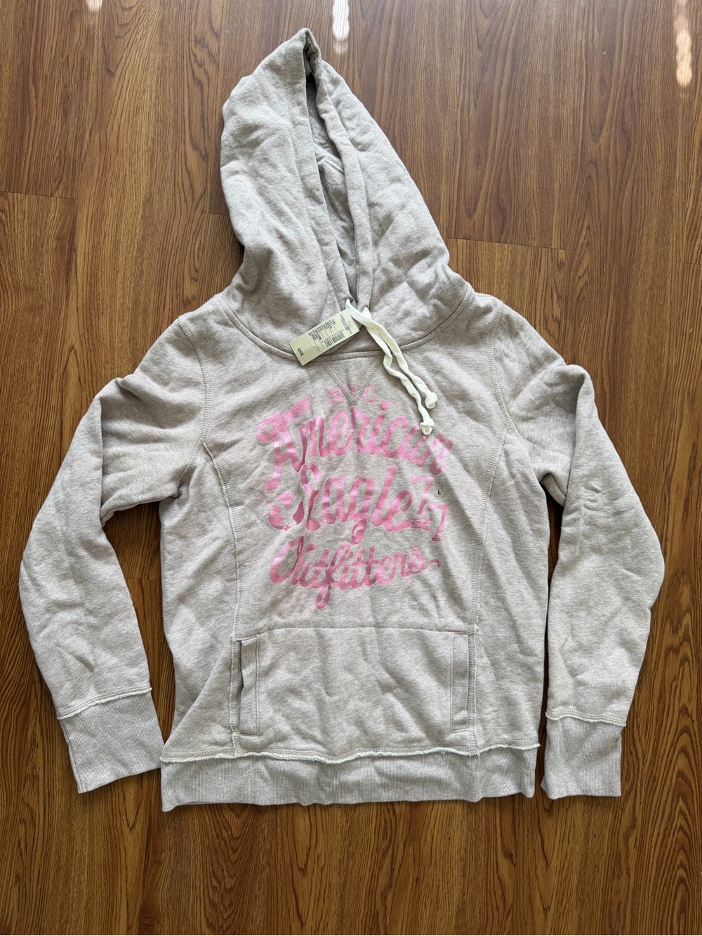 NWT American Eagle Outfitters Heather Cream Hoodie with Pink Script Logo